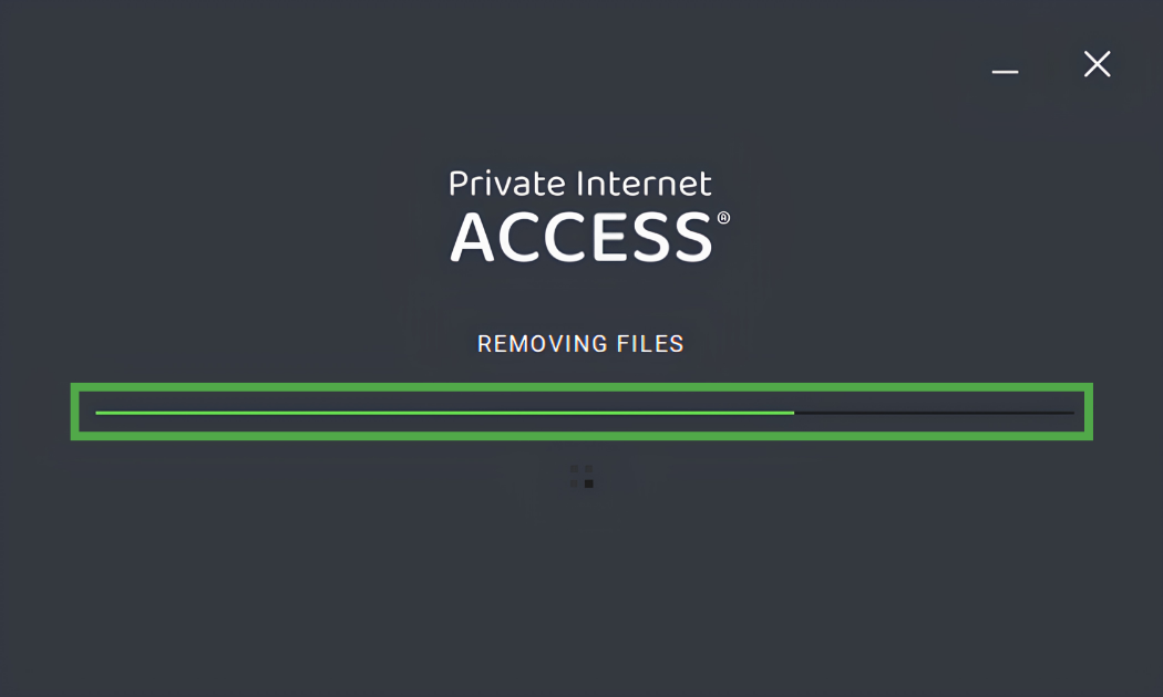 Private Internet Access uninstallation window with the progress bar highlighted in a green box.