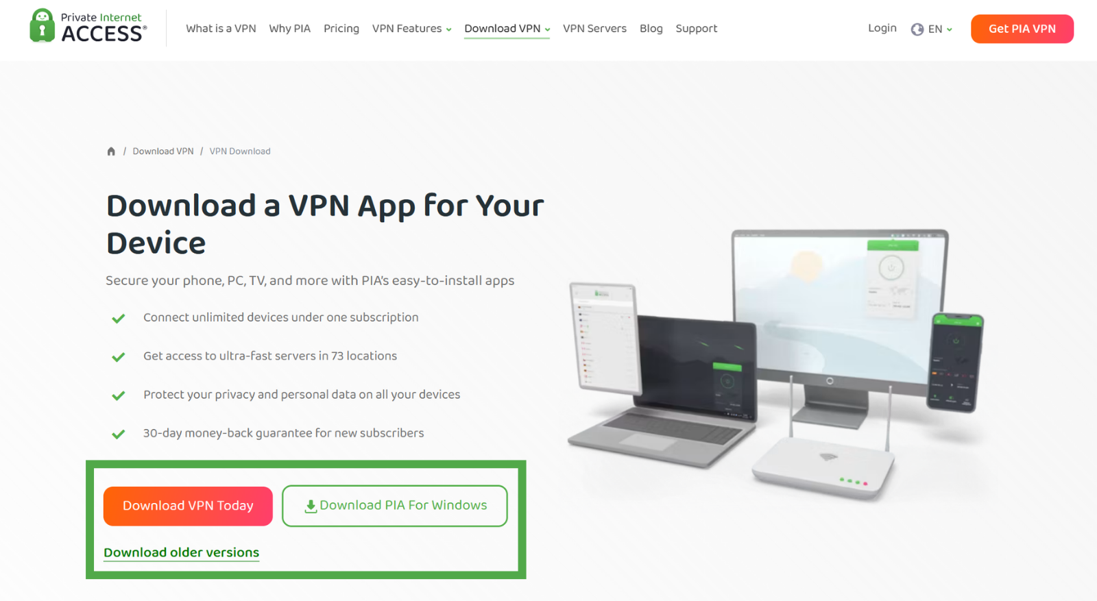 Private Internet Access website download page.