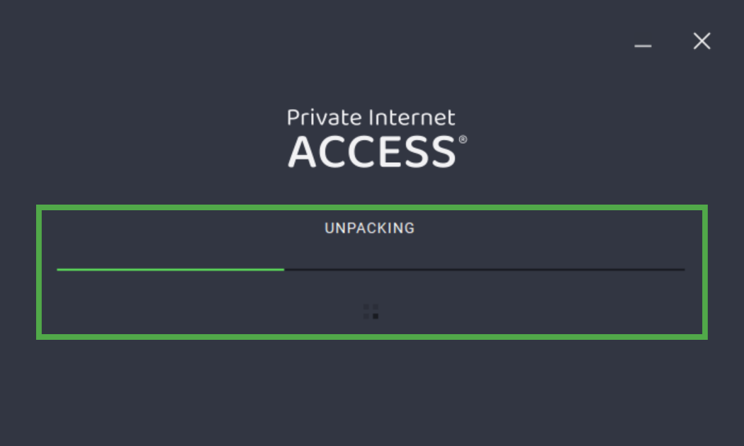Private Internet Access uninstallation window with the "UNPACKING" progress bar highlighted in a green box.
