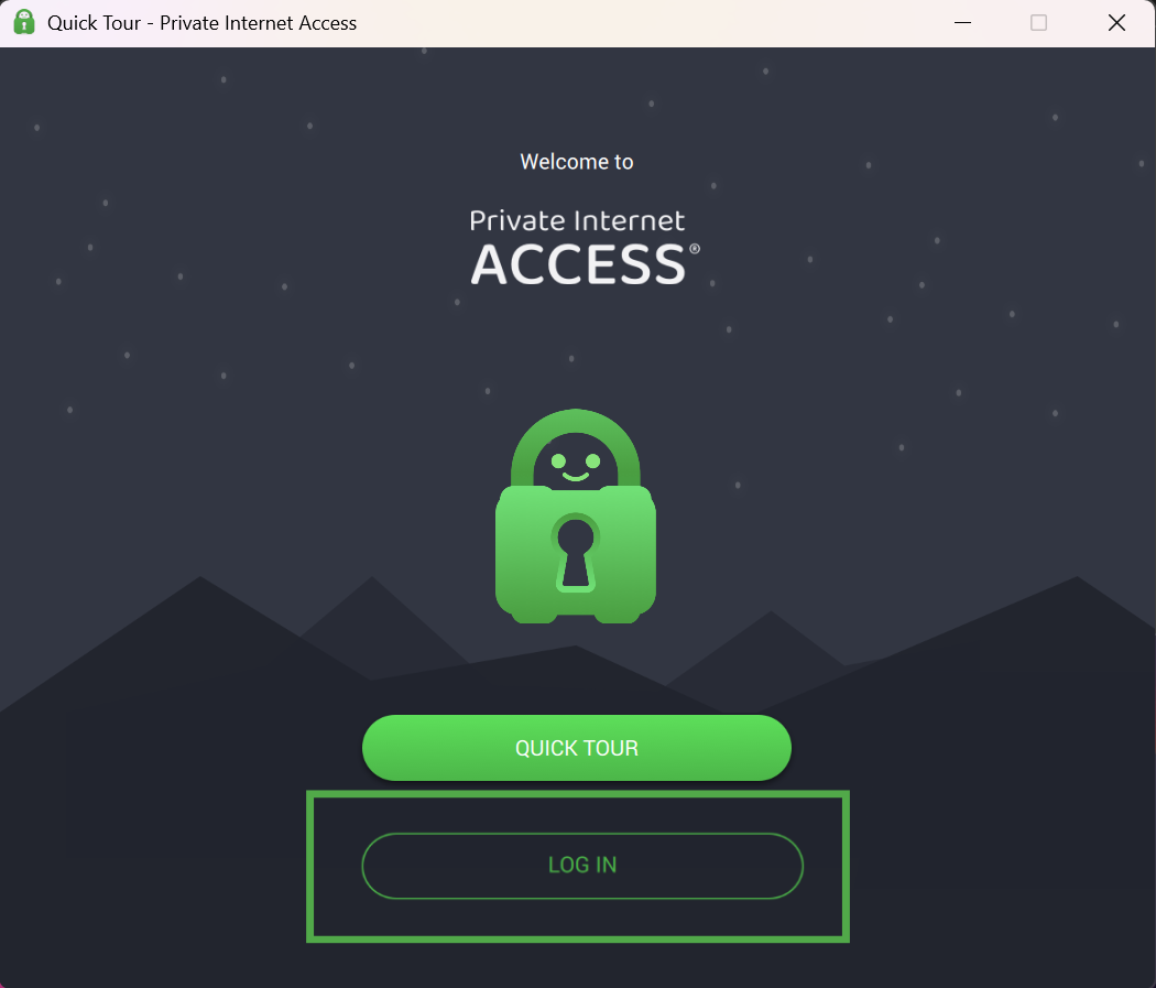 Private Internet Access "Quick Tour" screen with the "LOG IN" button highlighted in a green box.