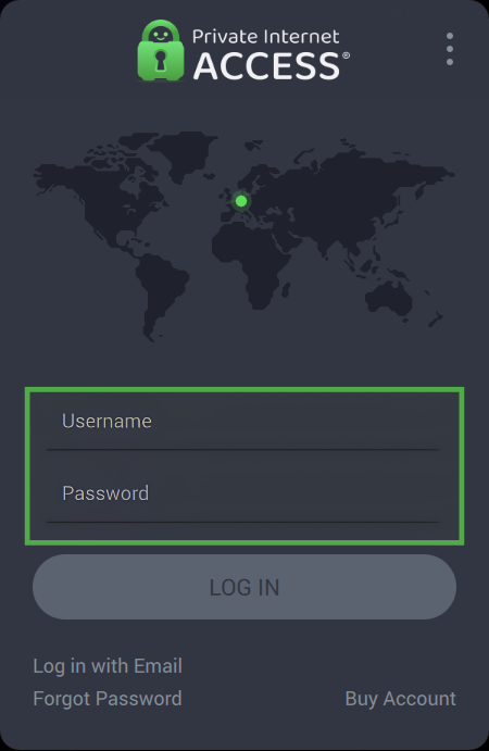 Private Internet Access login screen with the username and password fields highlighted in a green box.