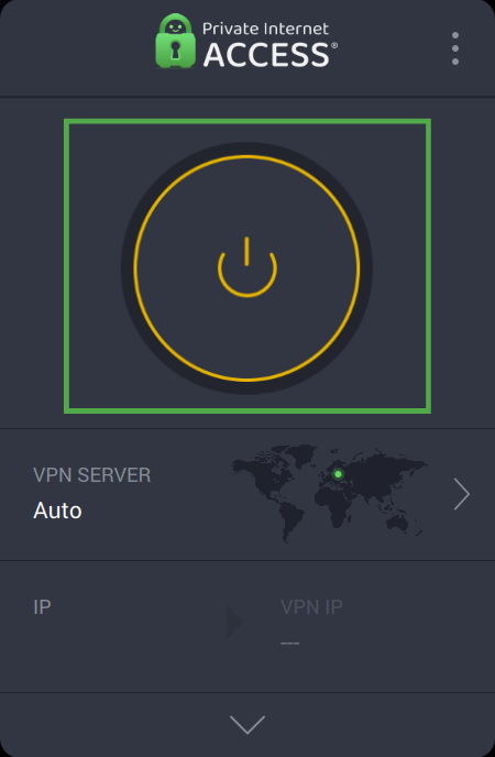 Private Internet Access application window, highlighting the circular power button in a green box.