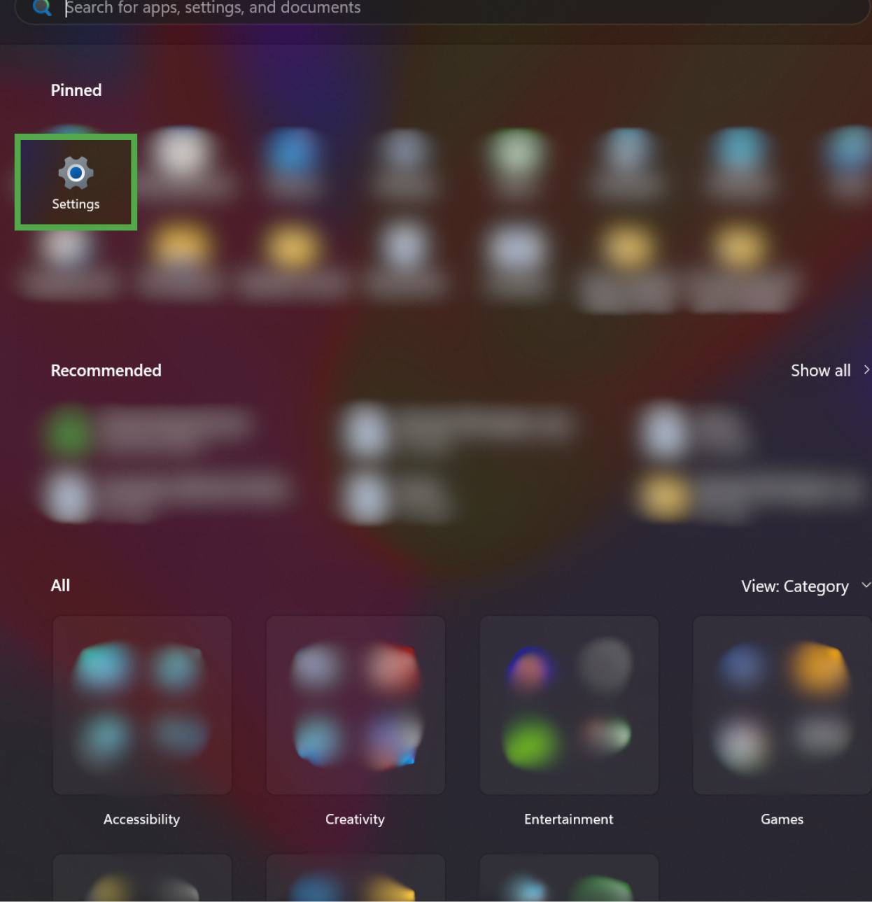 Windows Start menu with the "Settings" icon highlighted within a green box.