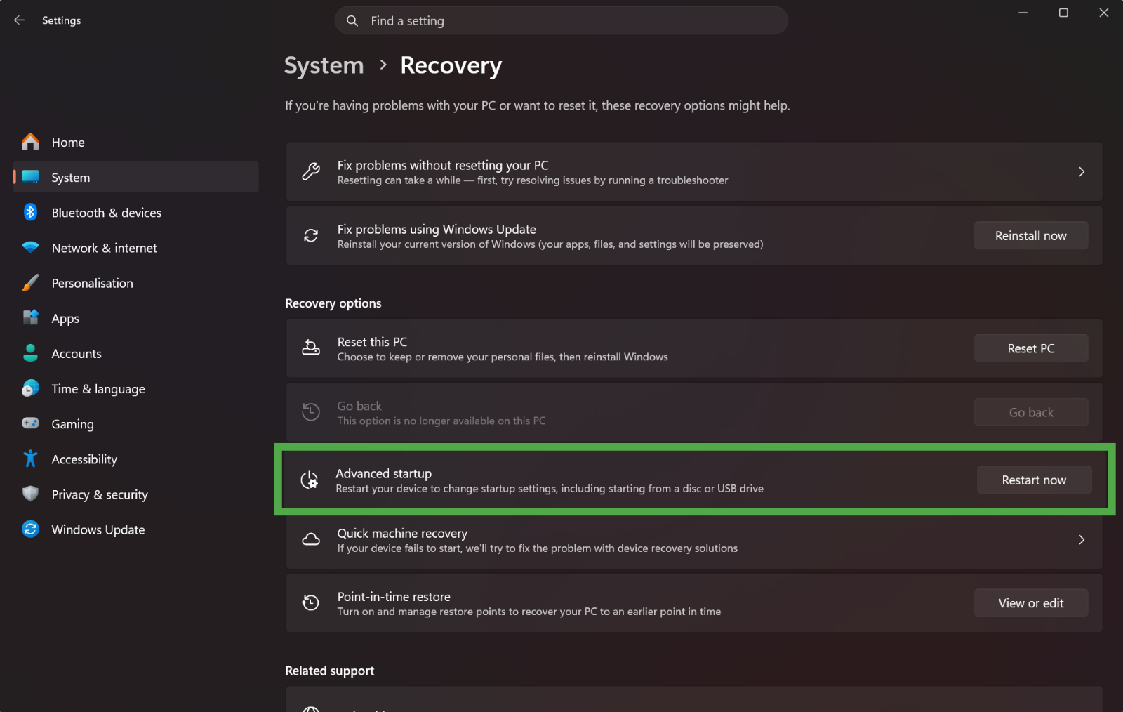 Windows "Recovery" settings screen, with the "Restart now" button highlighted in a green box.