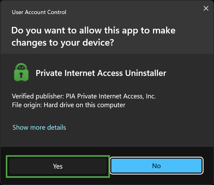 Windows User Account Control prompt for the "Private Internet Access Uninstaller," with the "Yes" button highlighted in a green box.