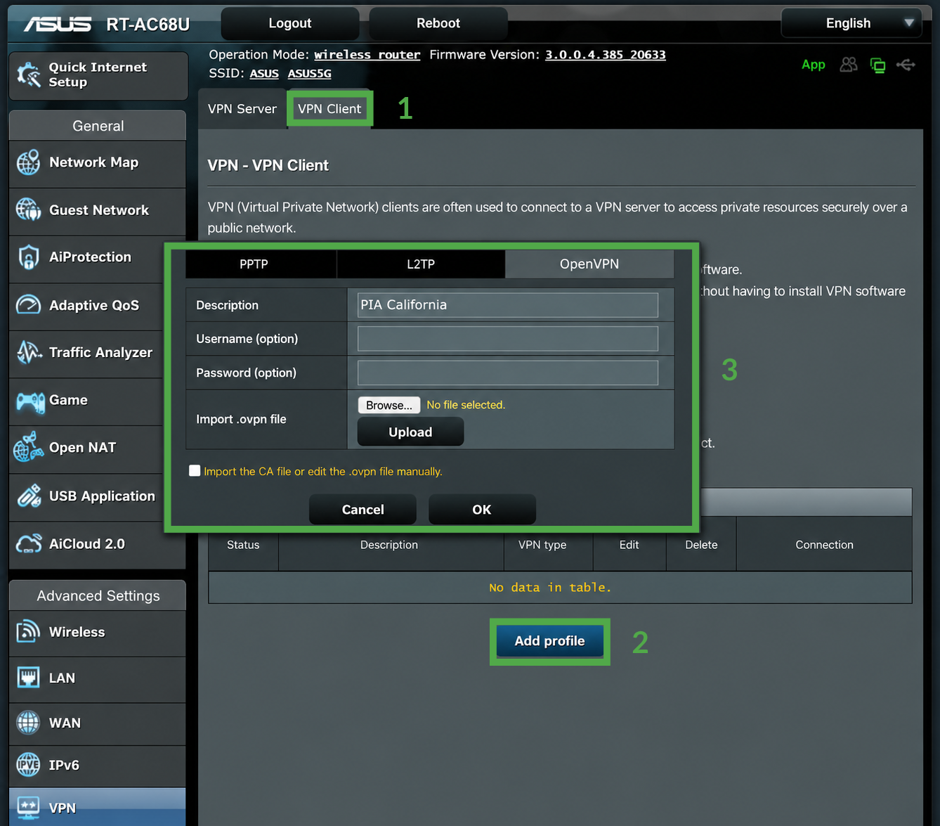 ASUS router interface showing the OpenVPN client profile setup window.
