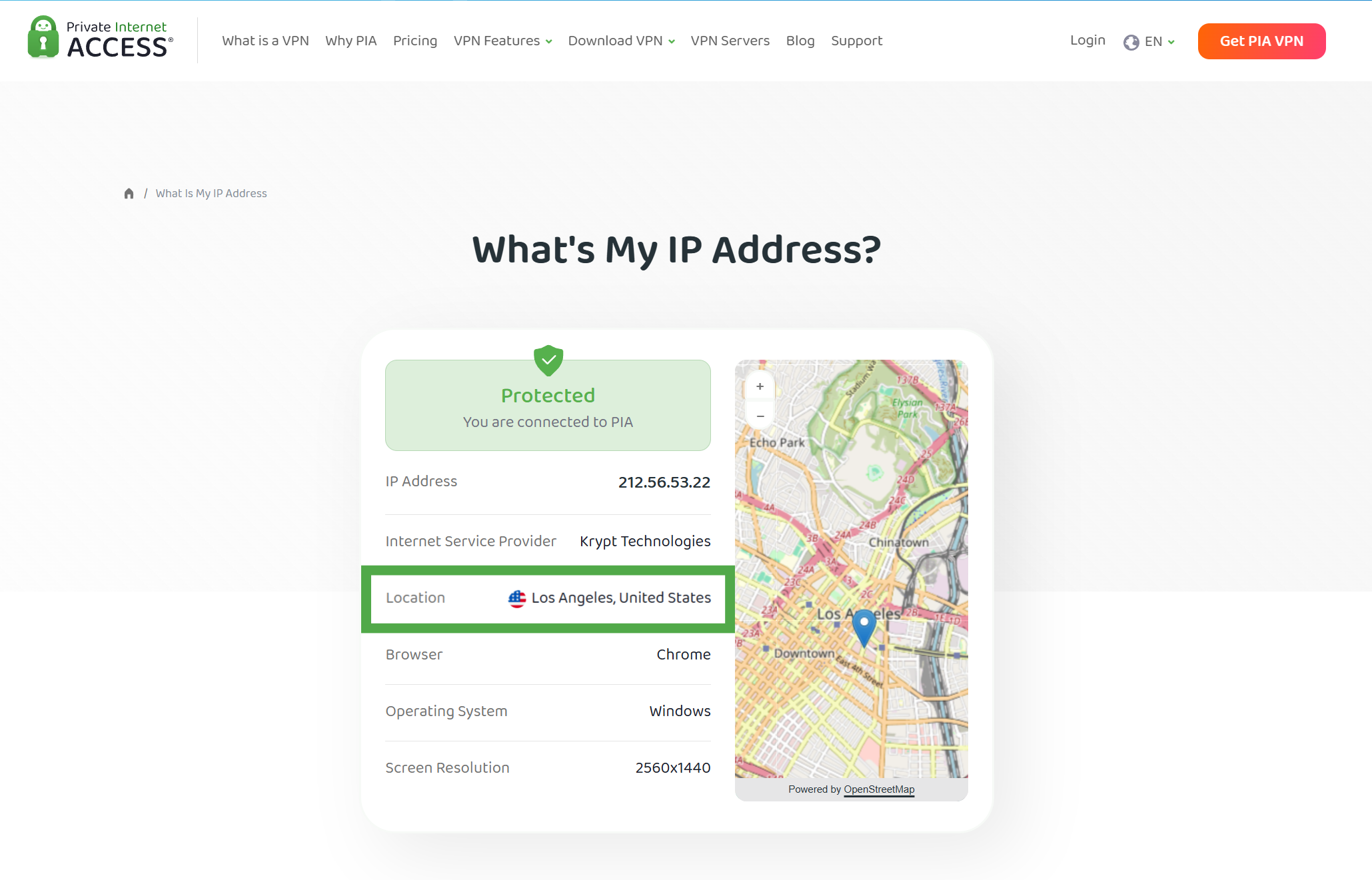 Private Internet Access IP address checker tool, showing a highlighted "Location" field.