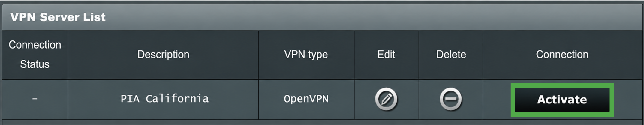 ASUS router VPN server list showing an inactive VPN profile with a highlighted "Activate" button.