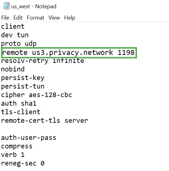 OpenVPN server configuration file opened in a text editor., showing a highlighted server hostname and port number.