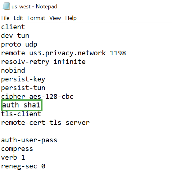 OpenVPN server configuration file opened in a text editor, showing a highlighted hash algorithm.