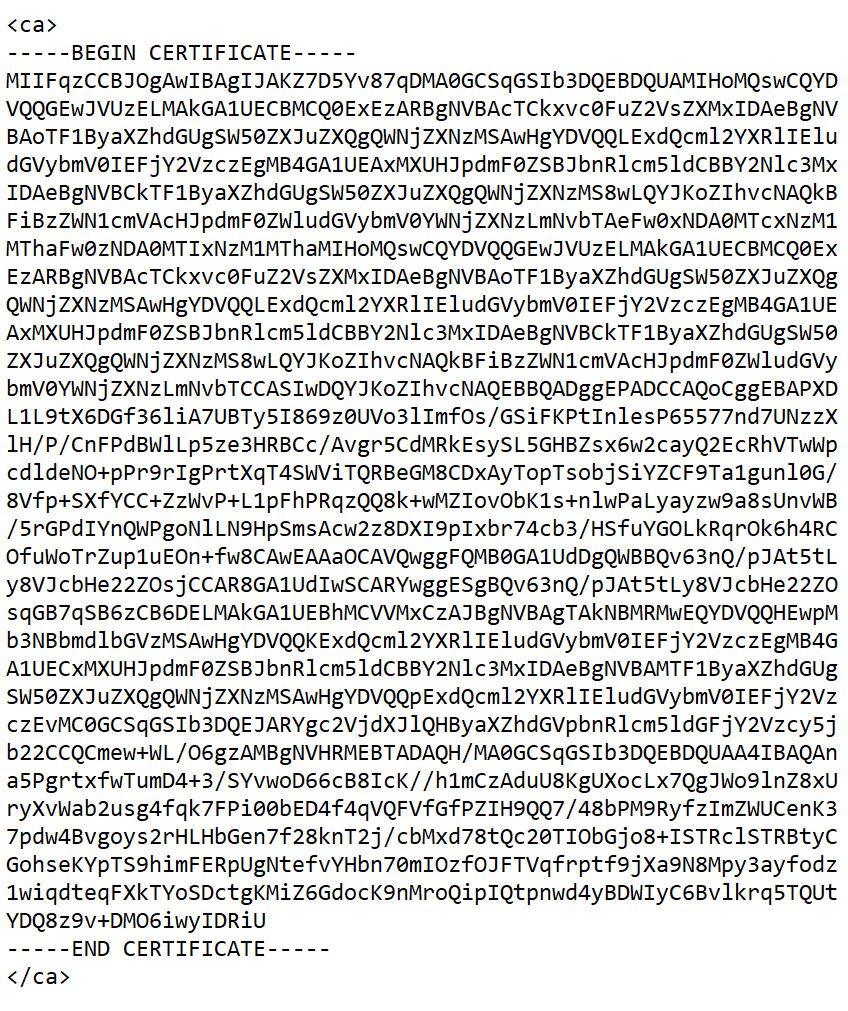 Certificate string for an OpenVPN server configuration file.
