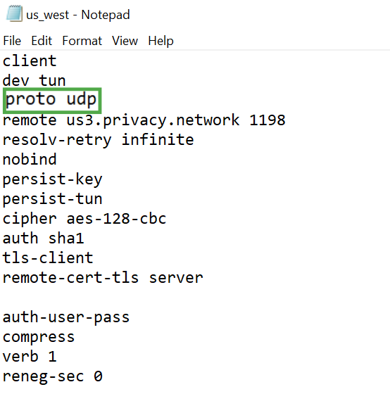 OpenVPN server configuration file opened in a text editor. showing a highlighted "proto udp" line.