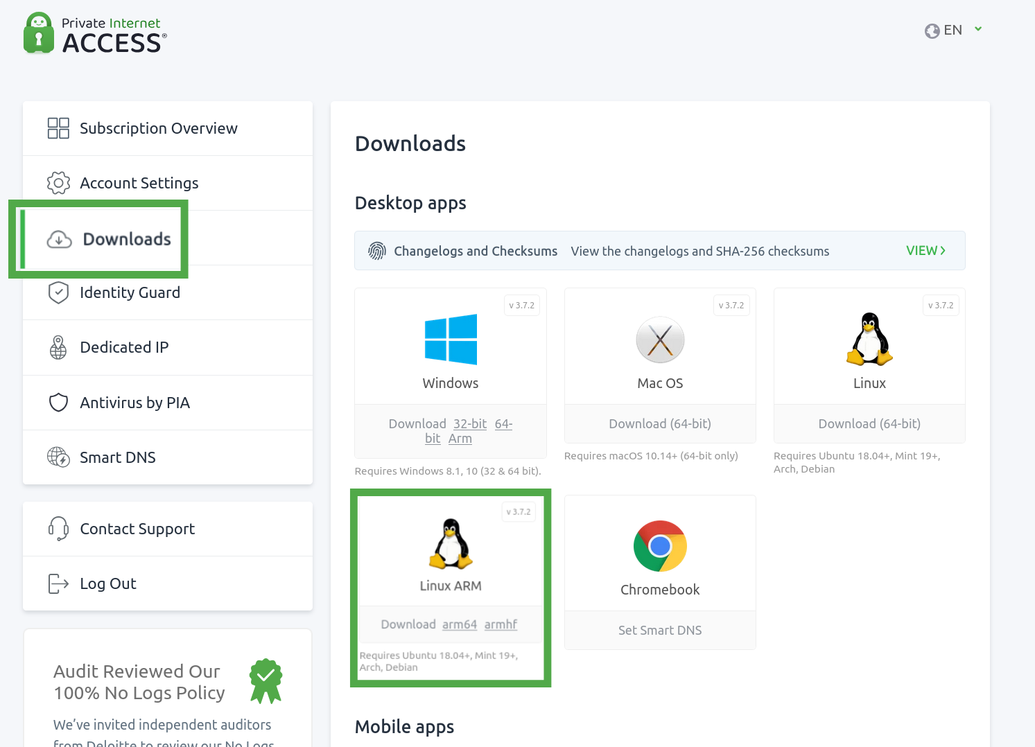 PIA account page showing the "Downloads" and "Linux ARM" options highlighted.