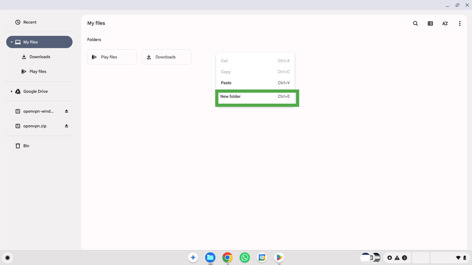 My files screen on Chromebook with New Folder selected in the context menu
