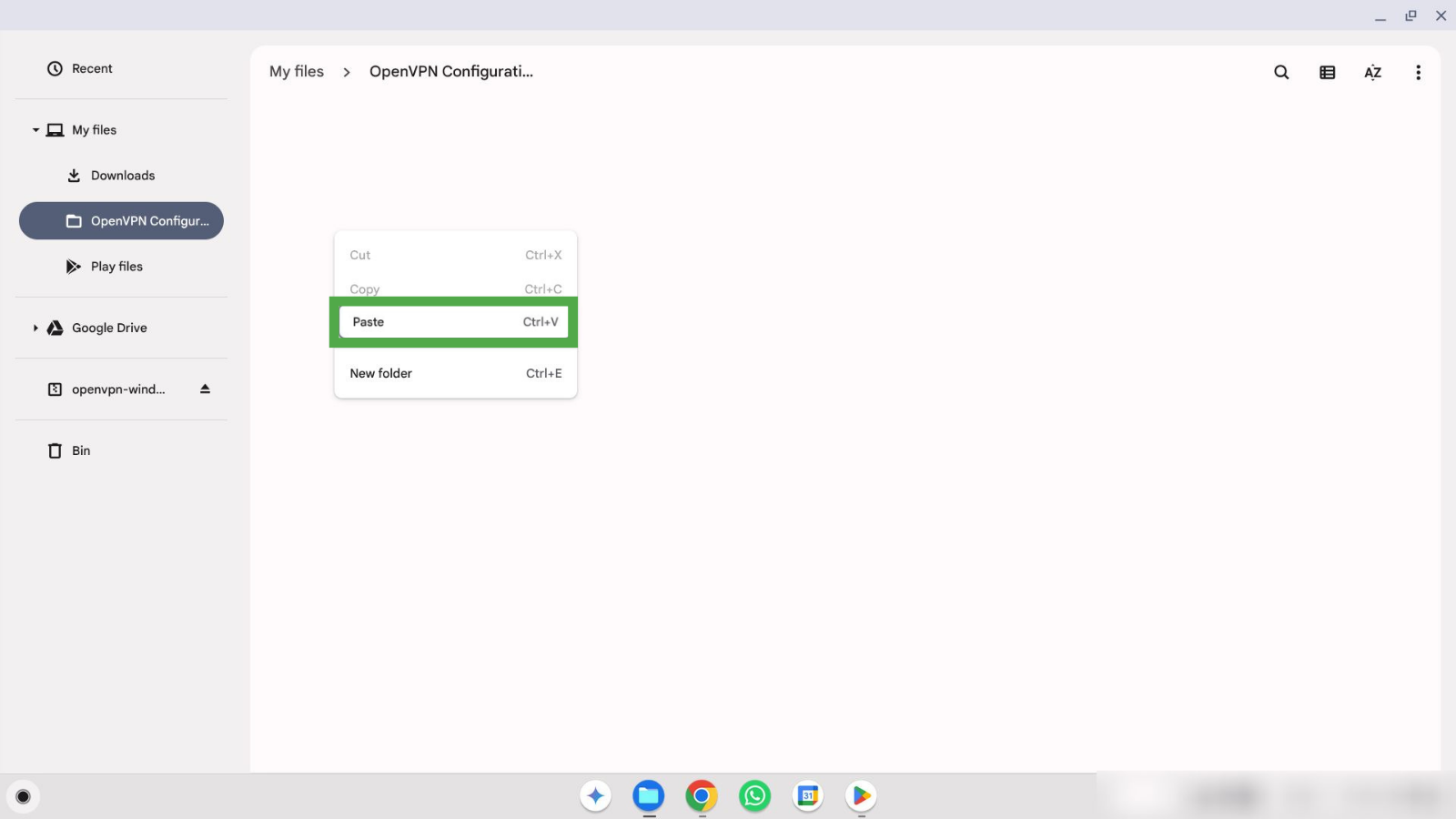 Context menu showing the paste button in the OpenVPN Configuration folder