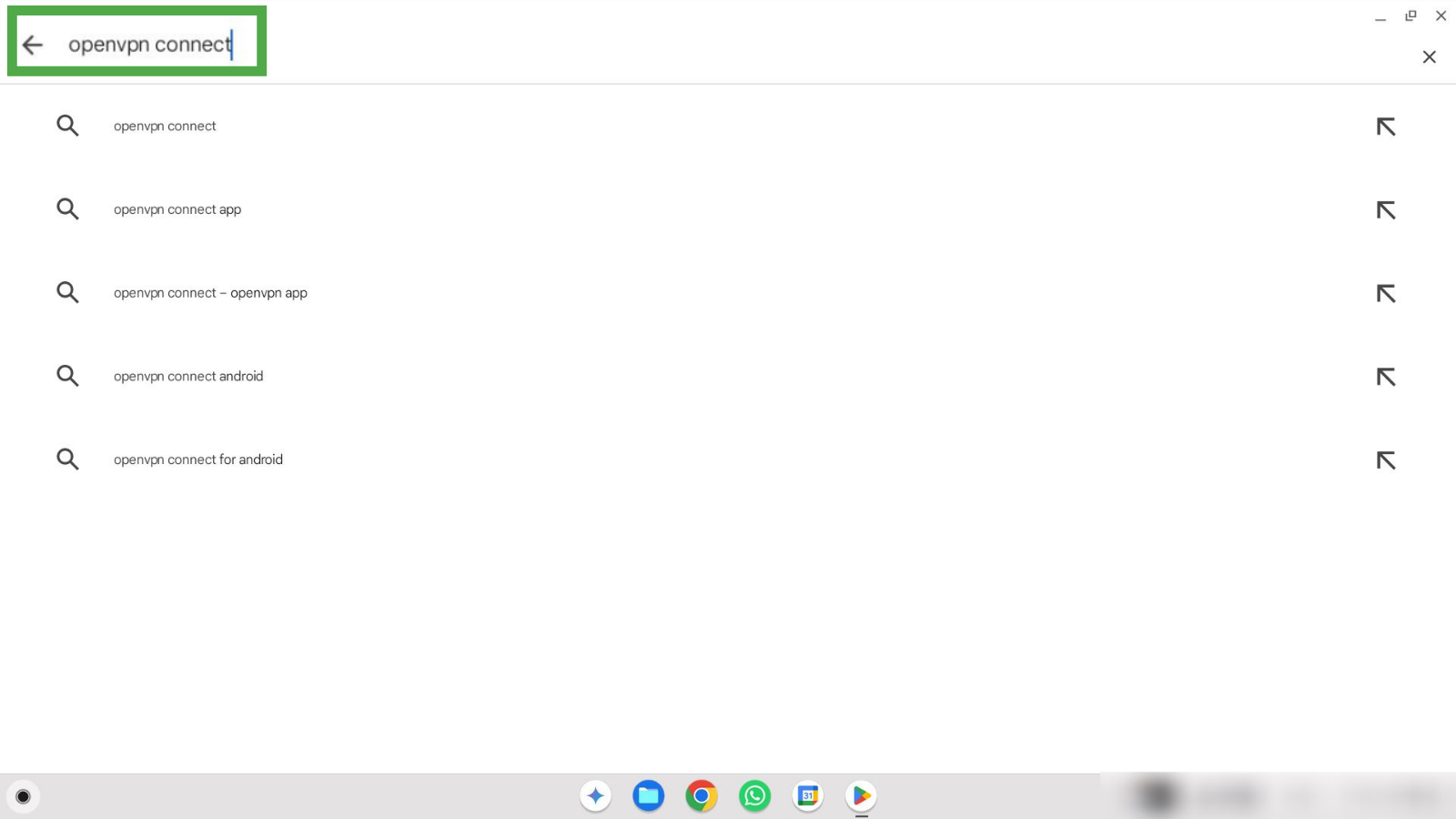 Play Store search screen with openVPN connect listed