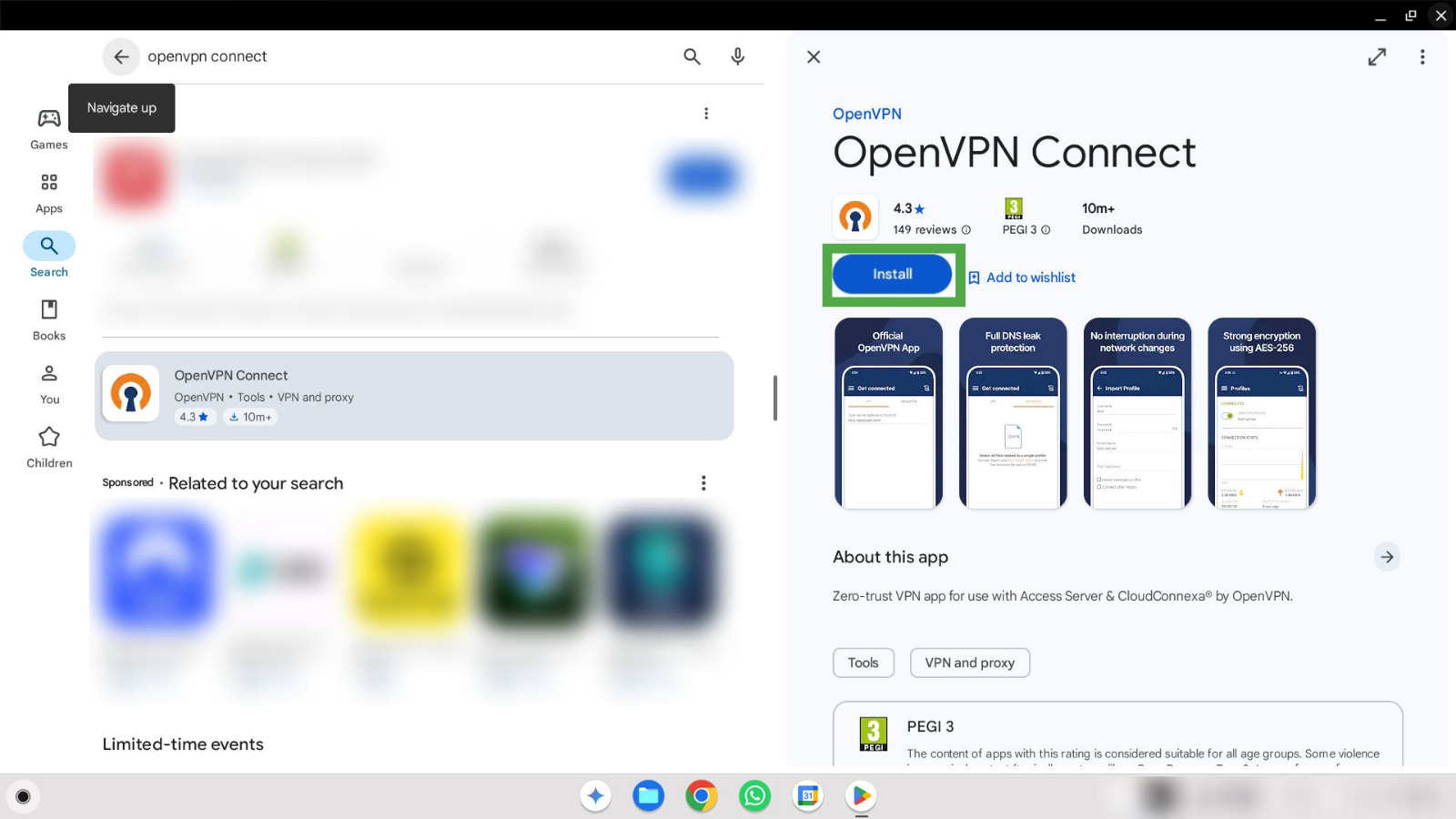 Plasy Store results page showing OpenVPN connect and the install button