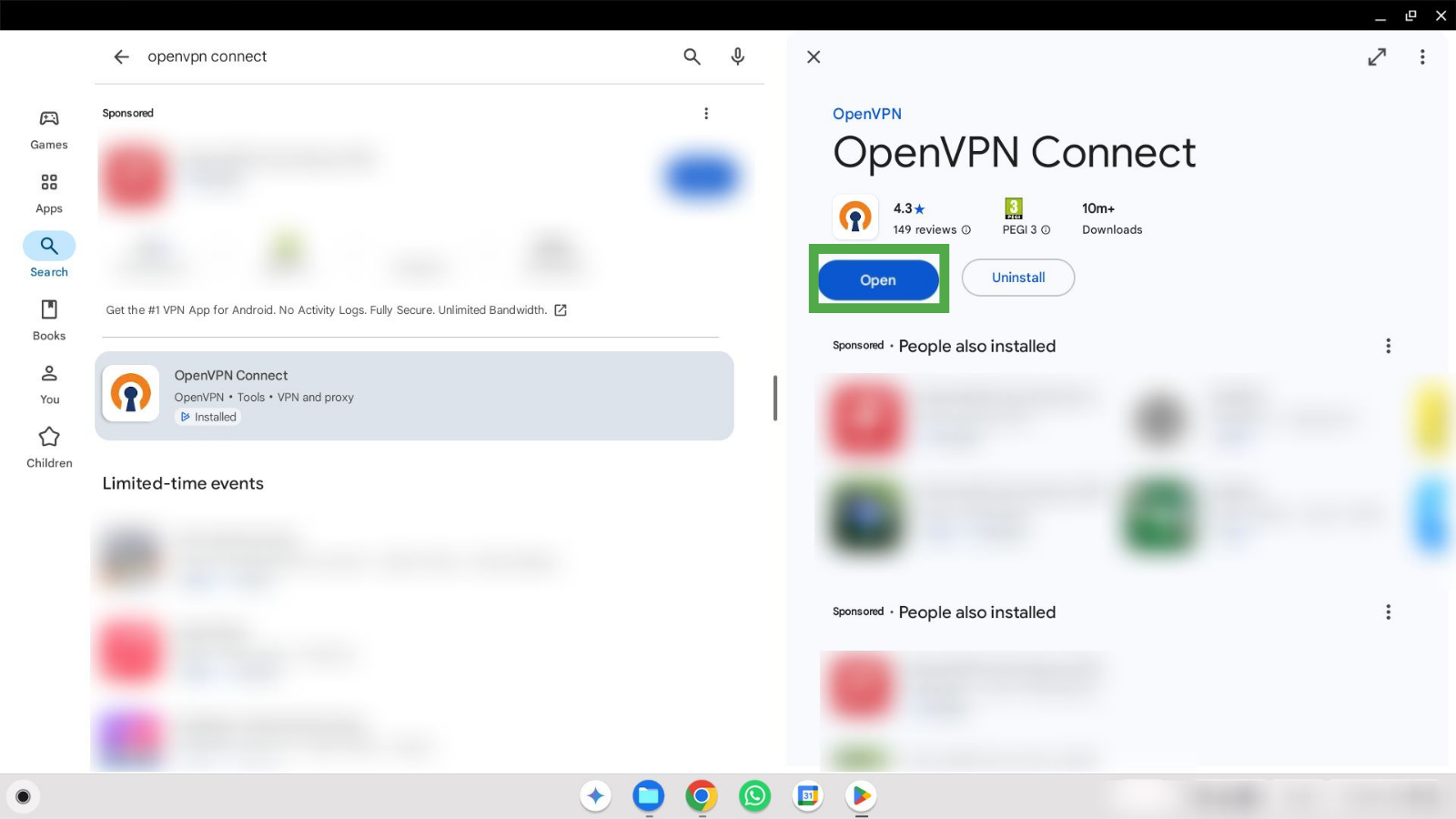 OpenVPN Connect store page showing Open button after successful download