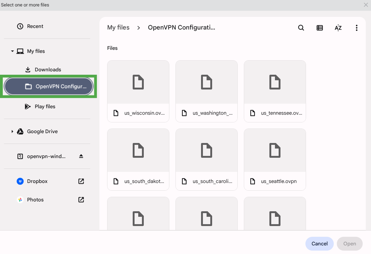 OpenVPN Connect navigation window directed at the configuration folder with configuration files displayed