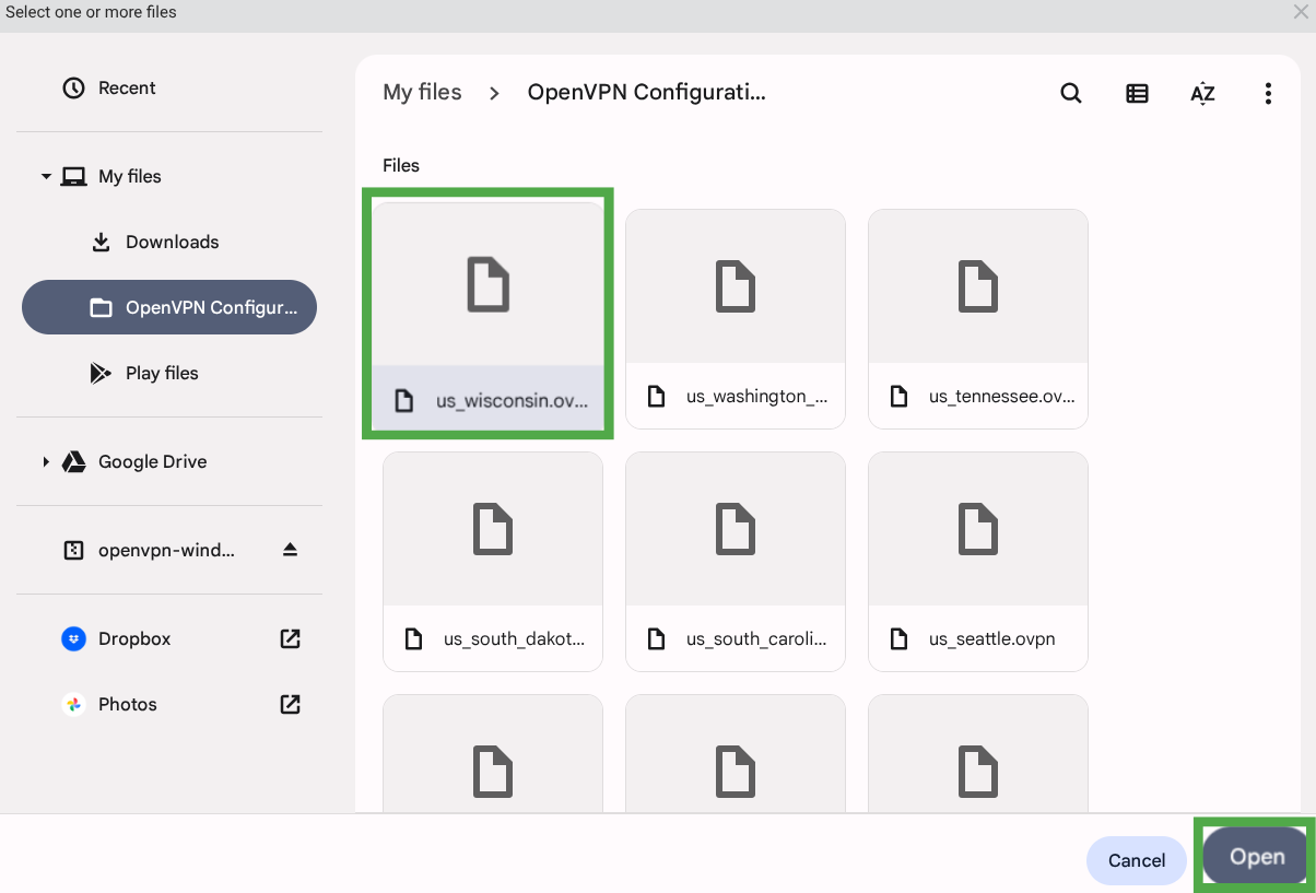 Wisconsin configuration files selected in OpenVPN Connect with open button highlighted
