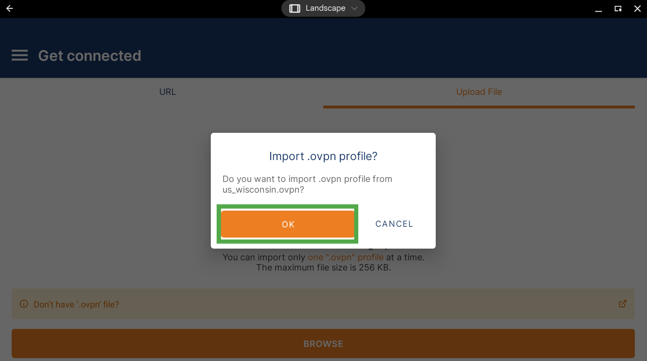 Option to import or cancel a file in OpenVPN Connect