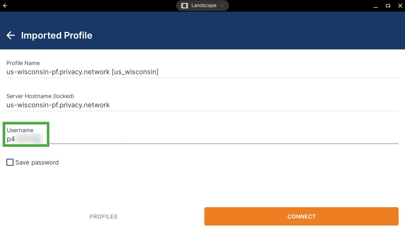 OpenVPN Connect imported profile login screen, showing an entered username