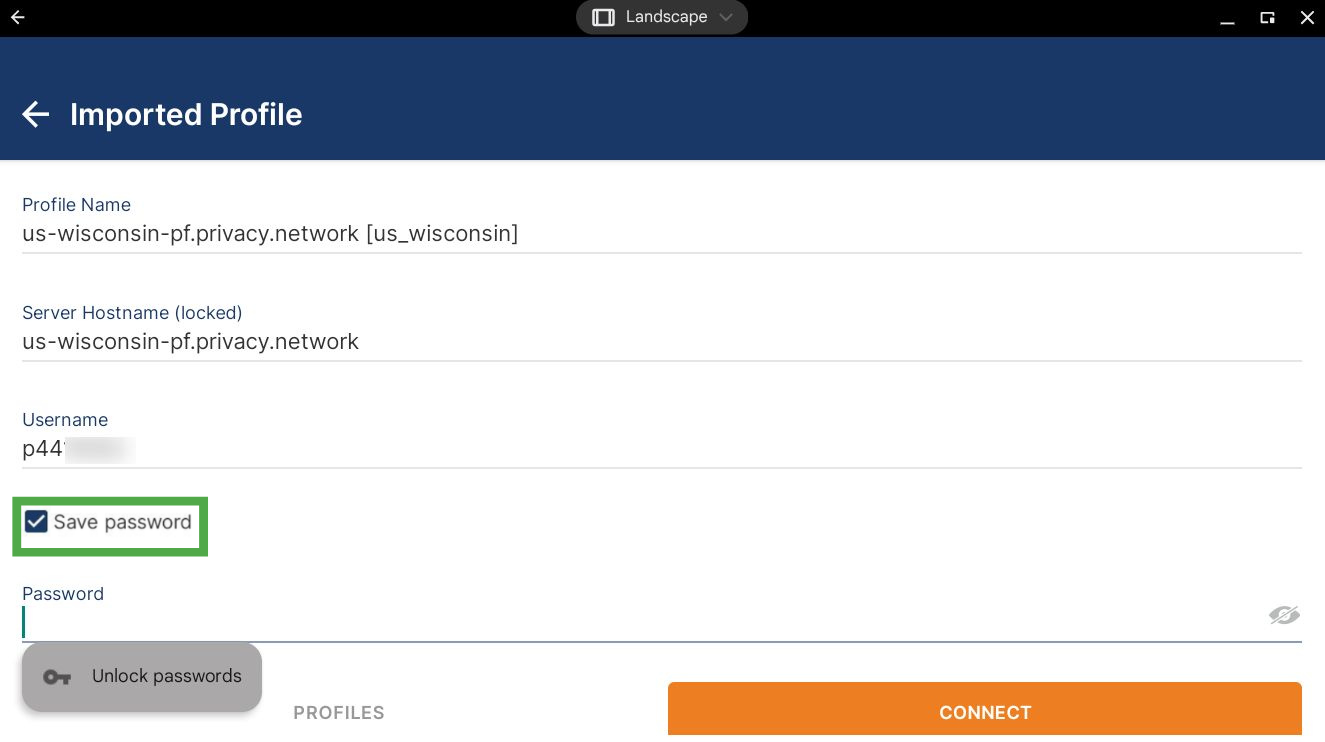 Save password button checked on OpenVPN Connect login screen