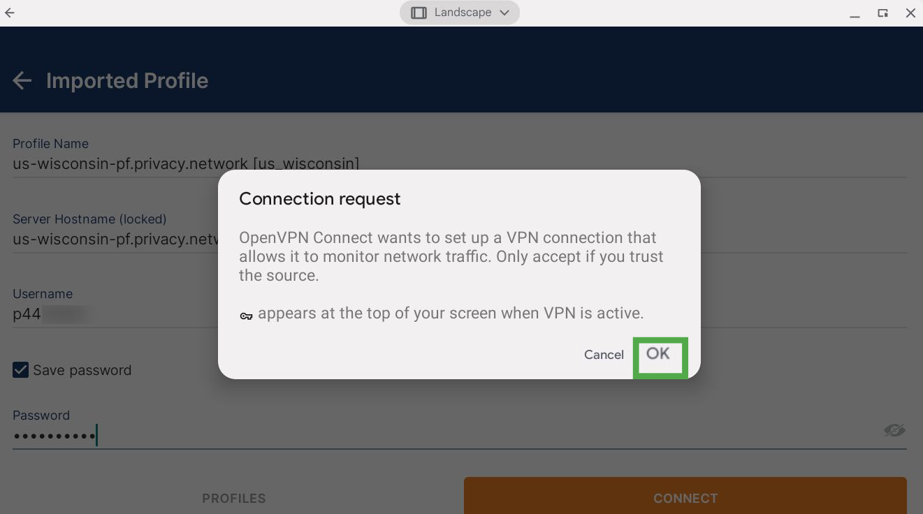 Pop-up window asking to set up an OpenVPN connection, showing the OK button