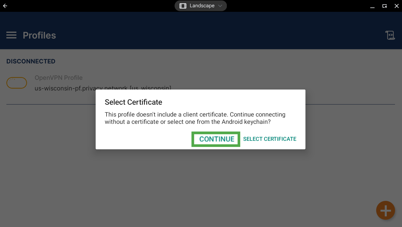 Certificate selection menu with continue highlighted