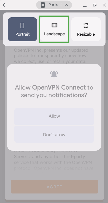 OpenVPN Connect app with Chromebook orientation options displayed