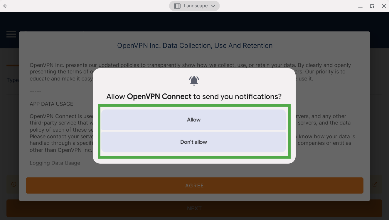 Notification permission screen on Chromebook app, with options to allow or deny notifications