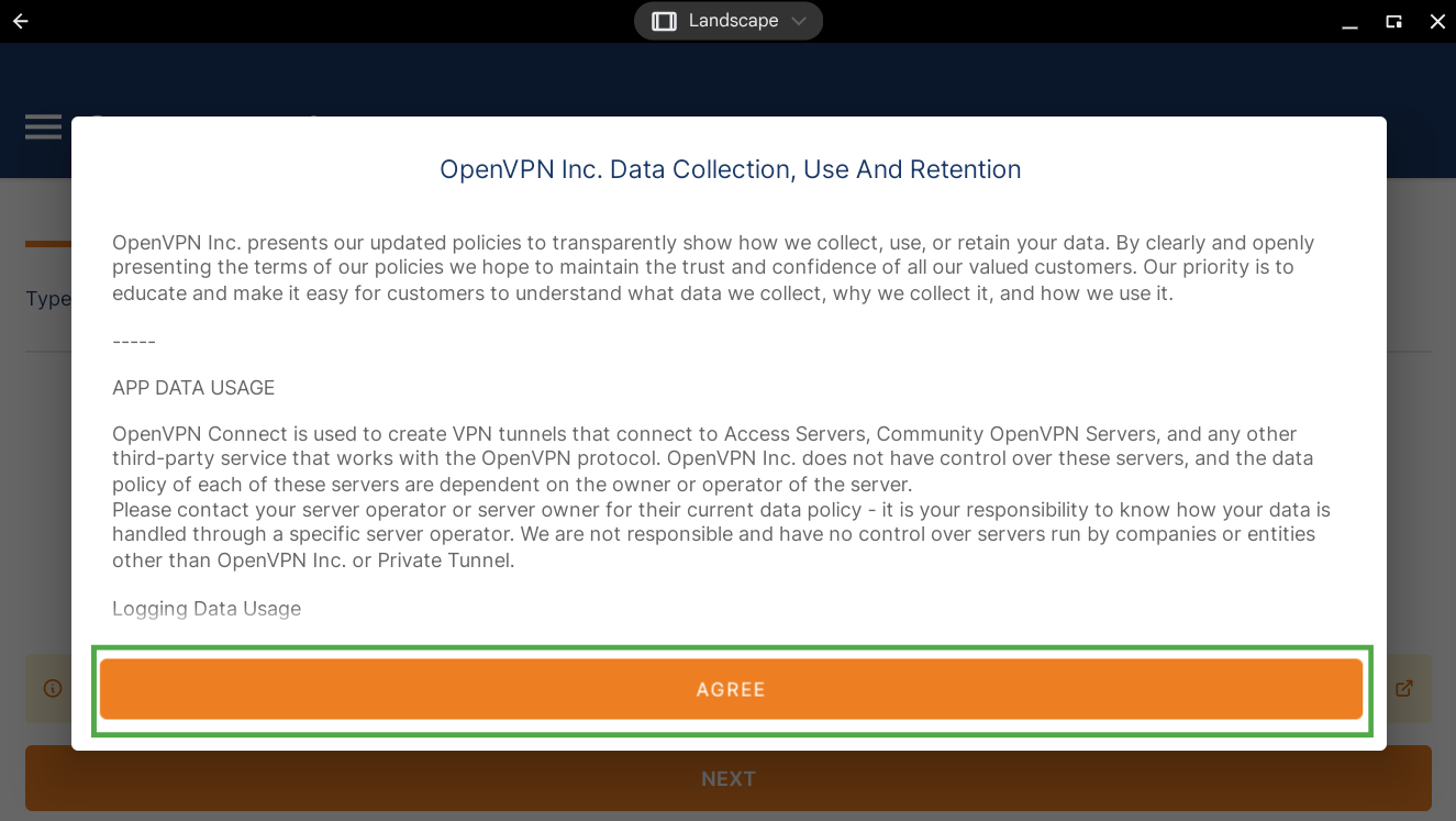 OpenVPN Connect T&S screen with the button to agree to terms higlighted