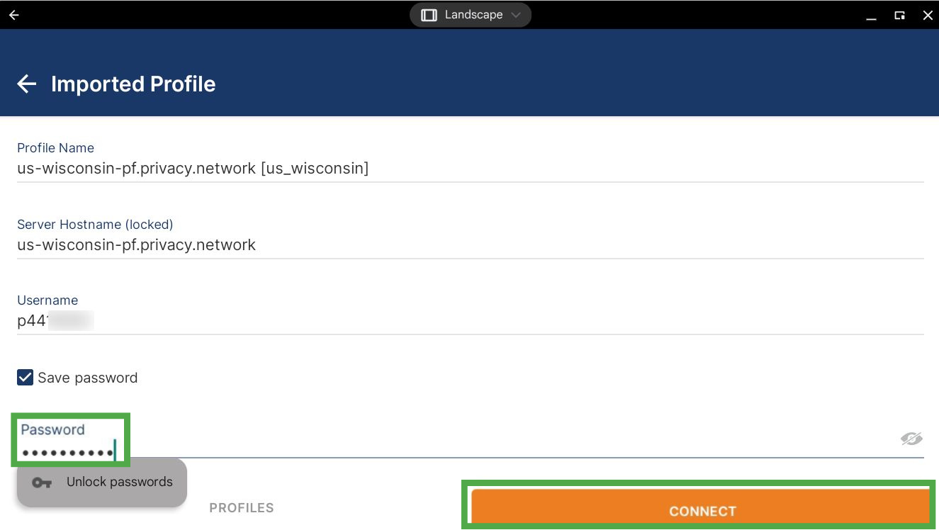 Password entered into OpenVPN Connect, with the Connect button highlighted
