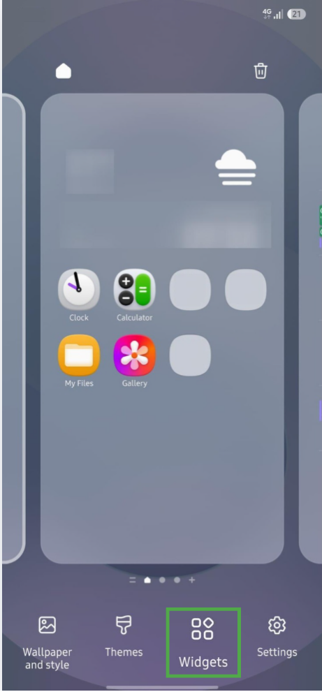 Android Widgets menu with standard and third-party app widget options.
