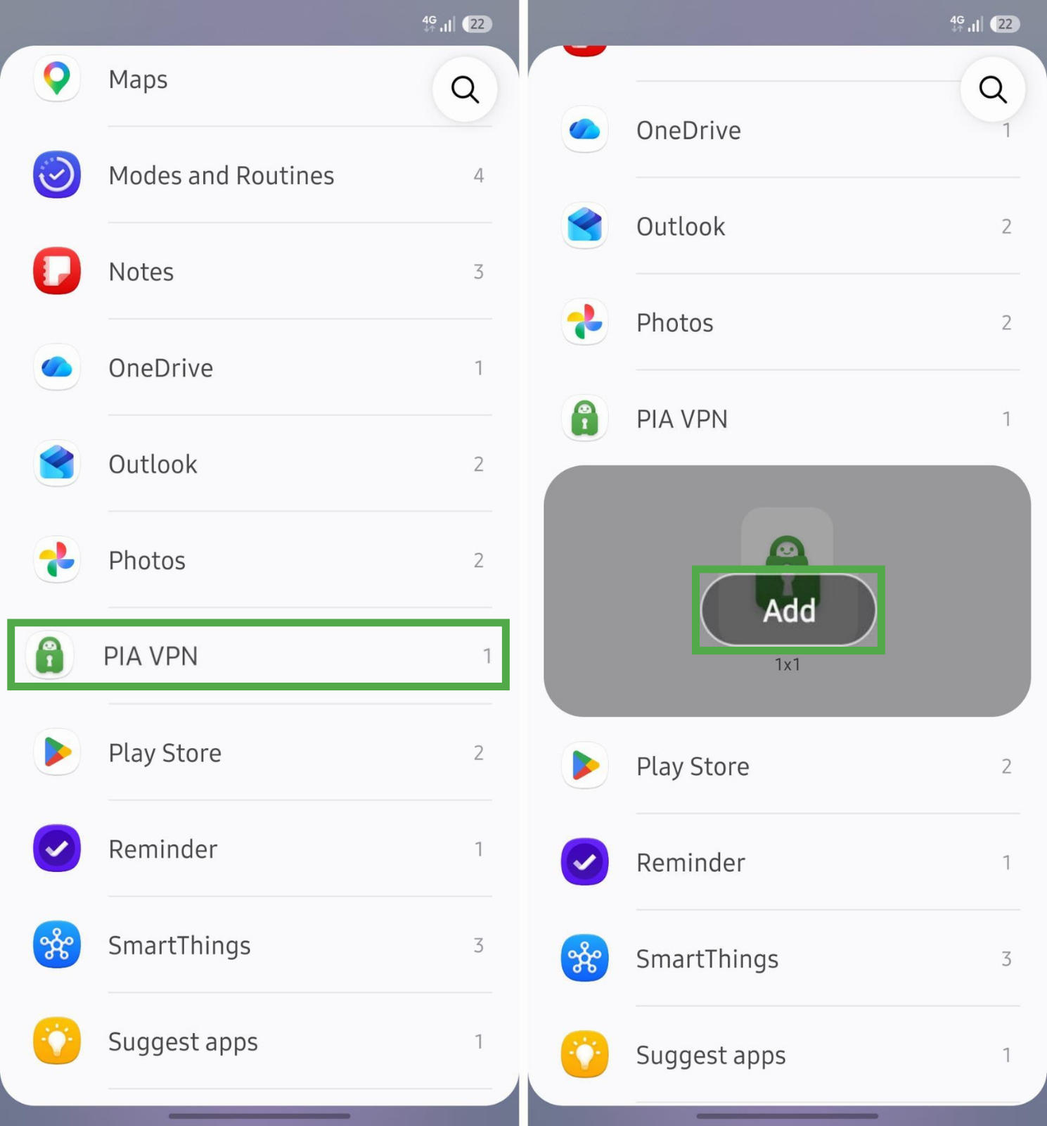 PIA VPN widget icon on Android.