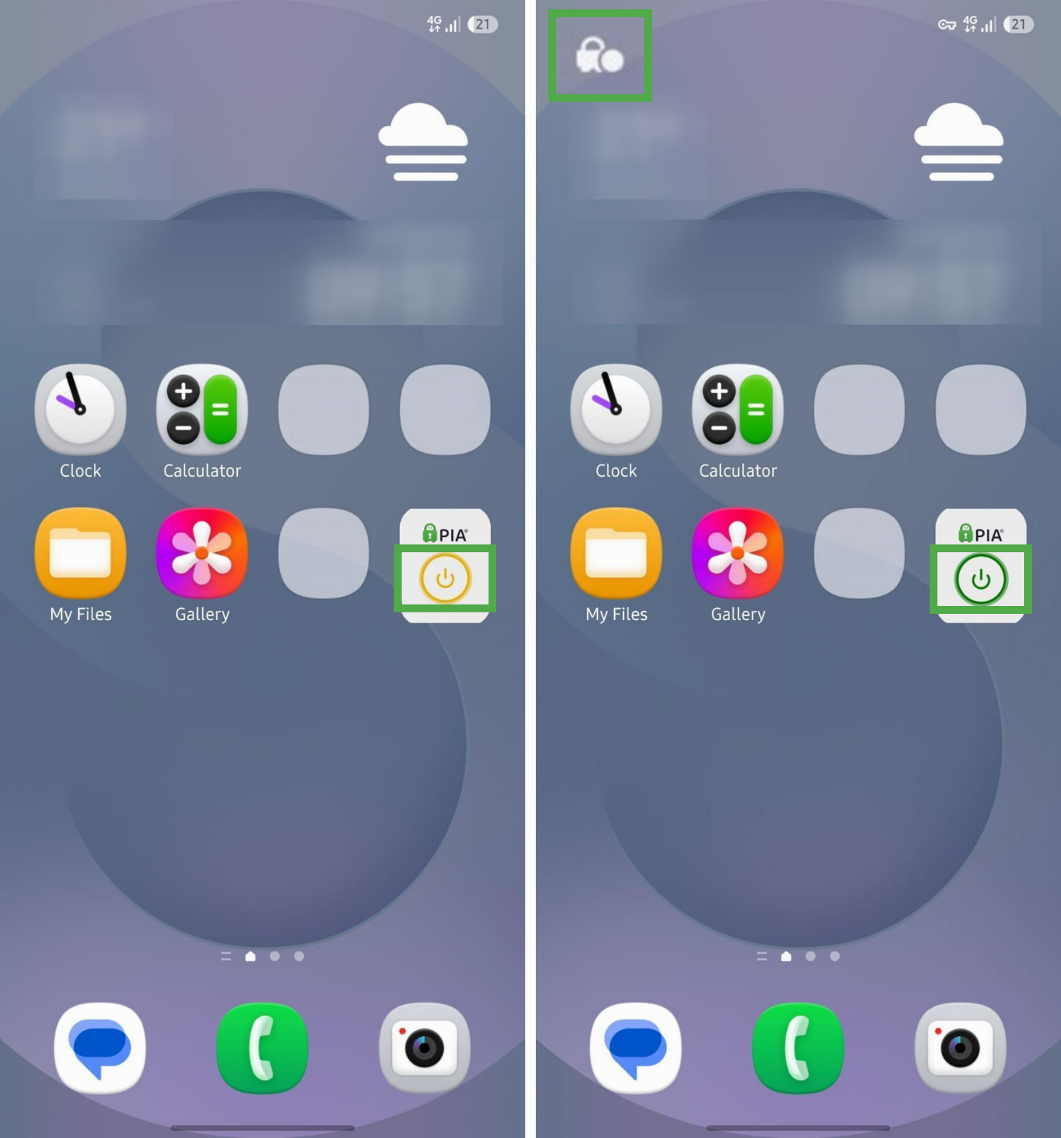  PIA VPN widget power button showing an active VPN connection.