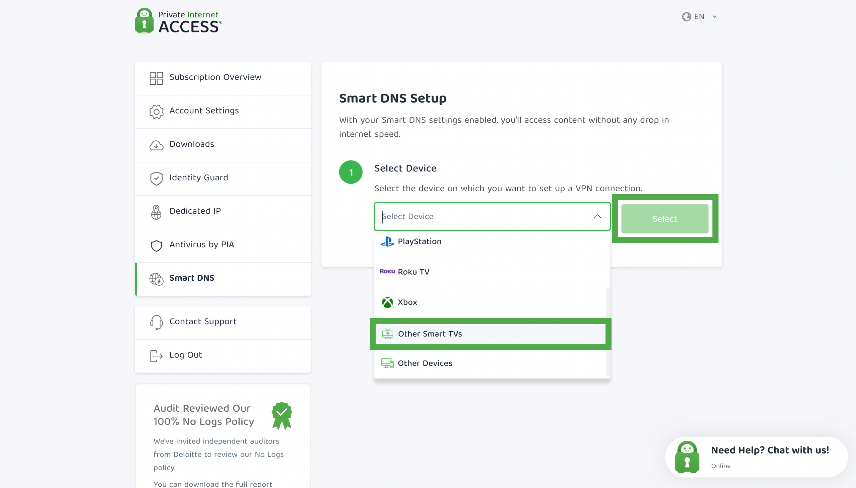 Other Smart TVs highlighted in the Smart DNS device selection list.