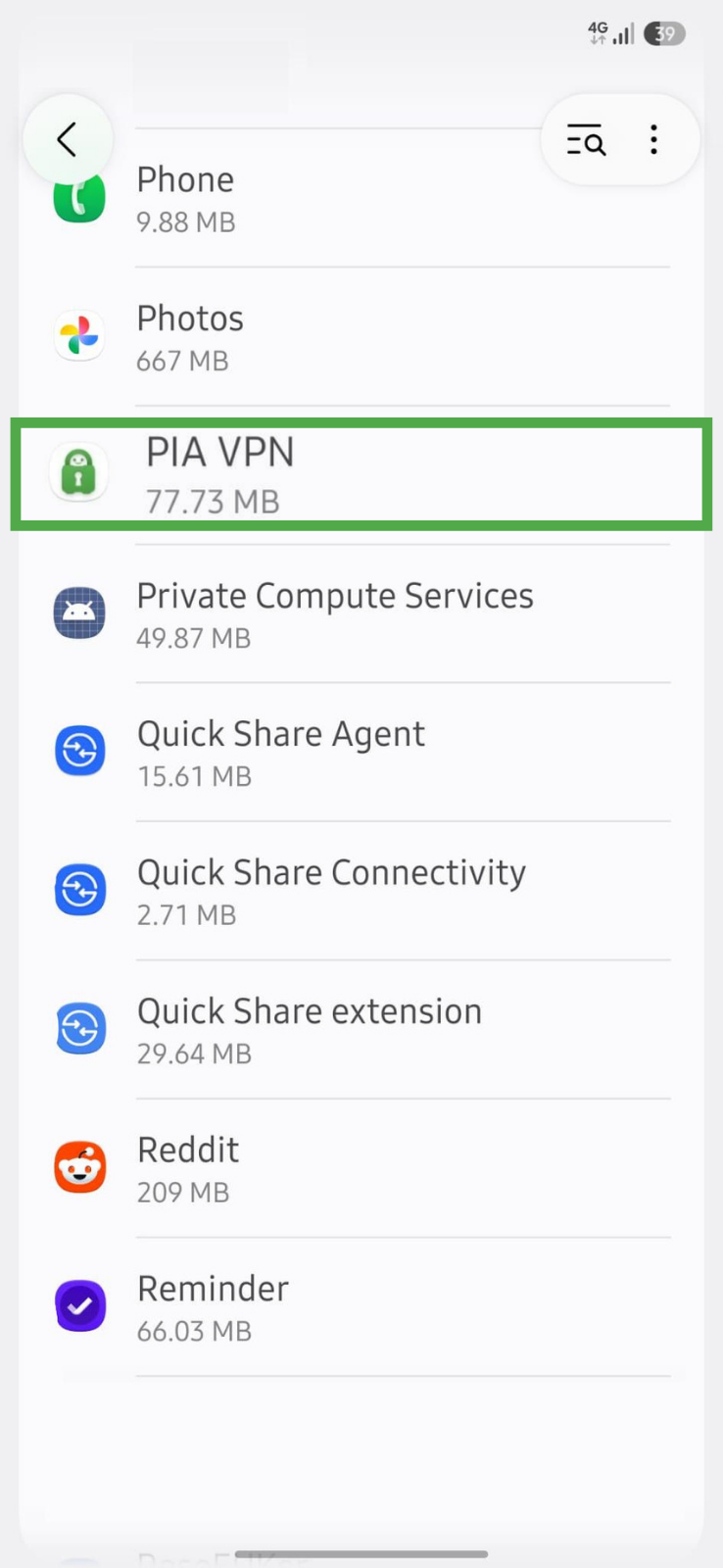 Android permissions list by app with PIA VPN highlighted.