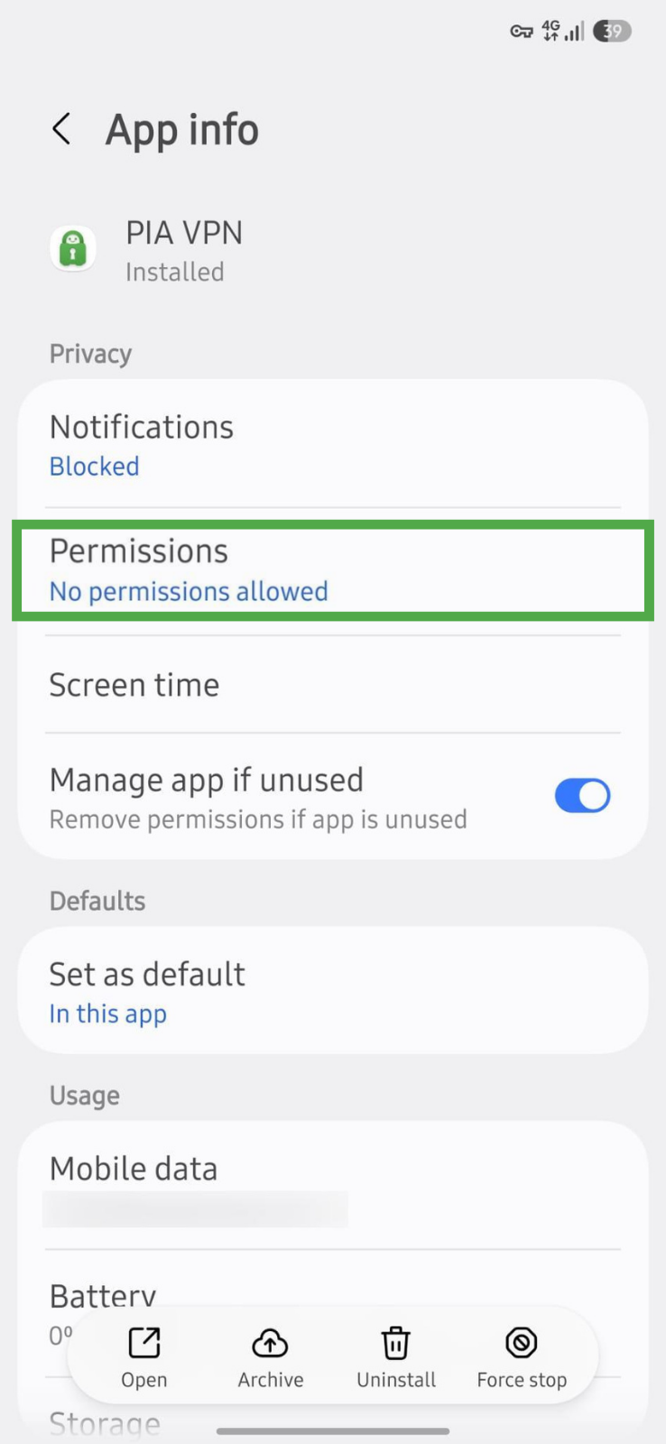 Android settings showing the PIA VPN app info screen and permissions menu.