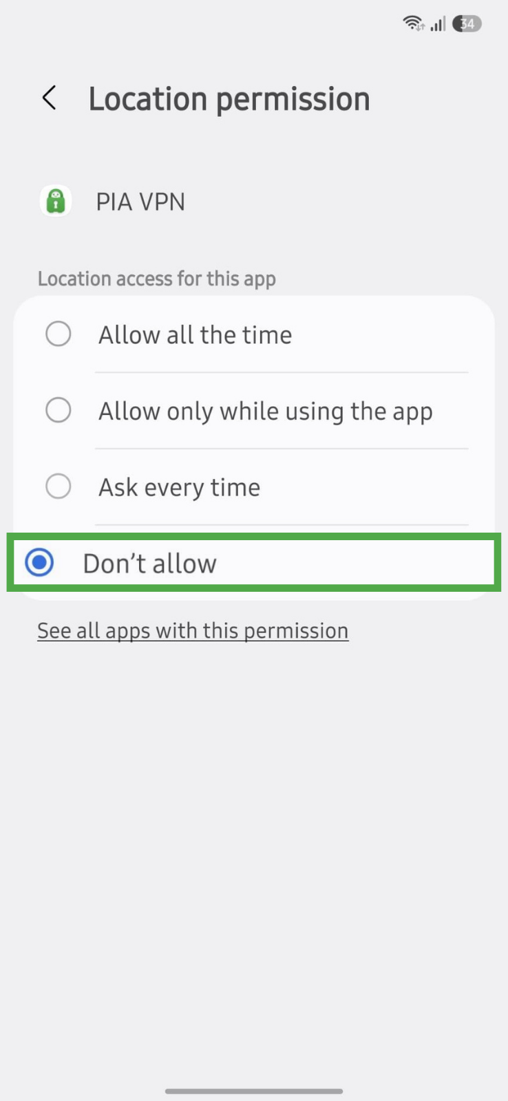 Limiting location permissions for PIA VPN on Android.