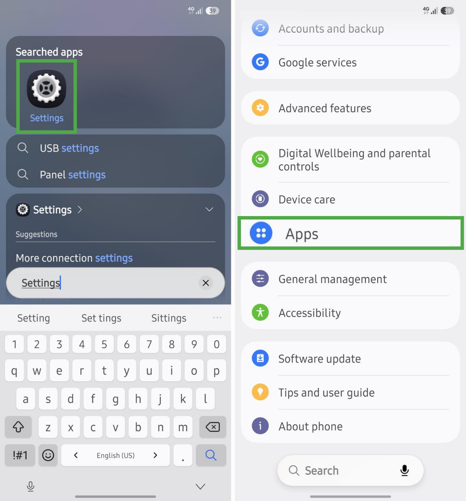 Android Settings navigation and Apps menu.