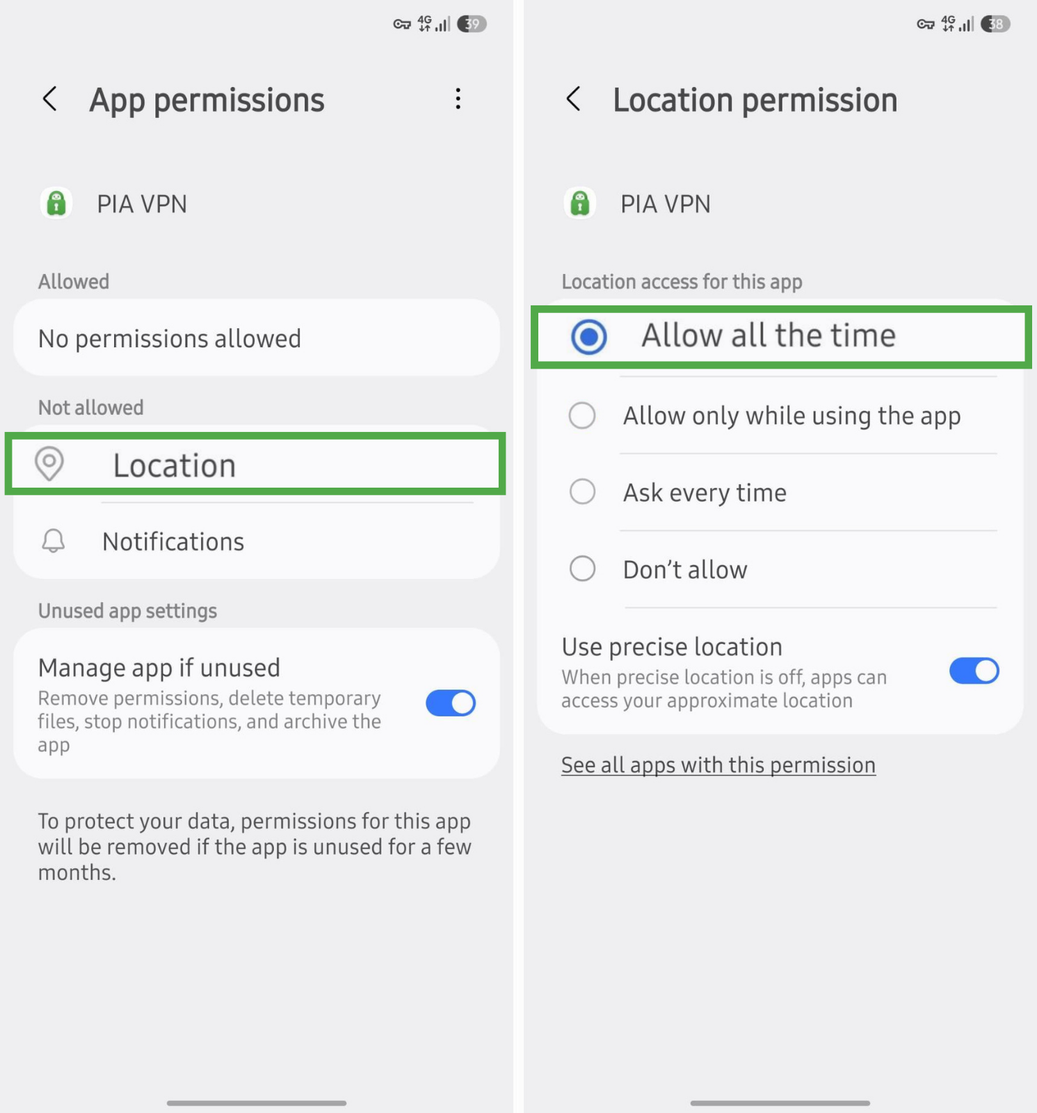 Managing location permissions and enabling background access for PIA VPN on Android.