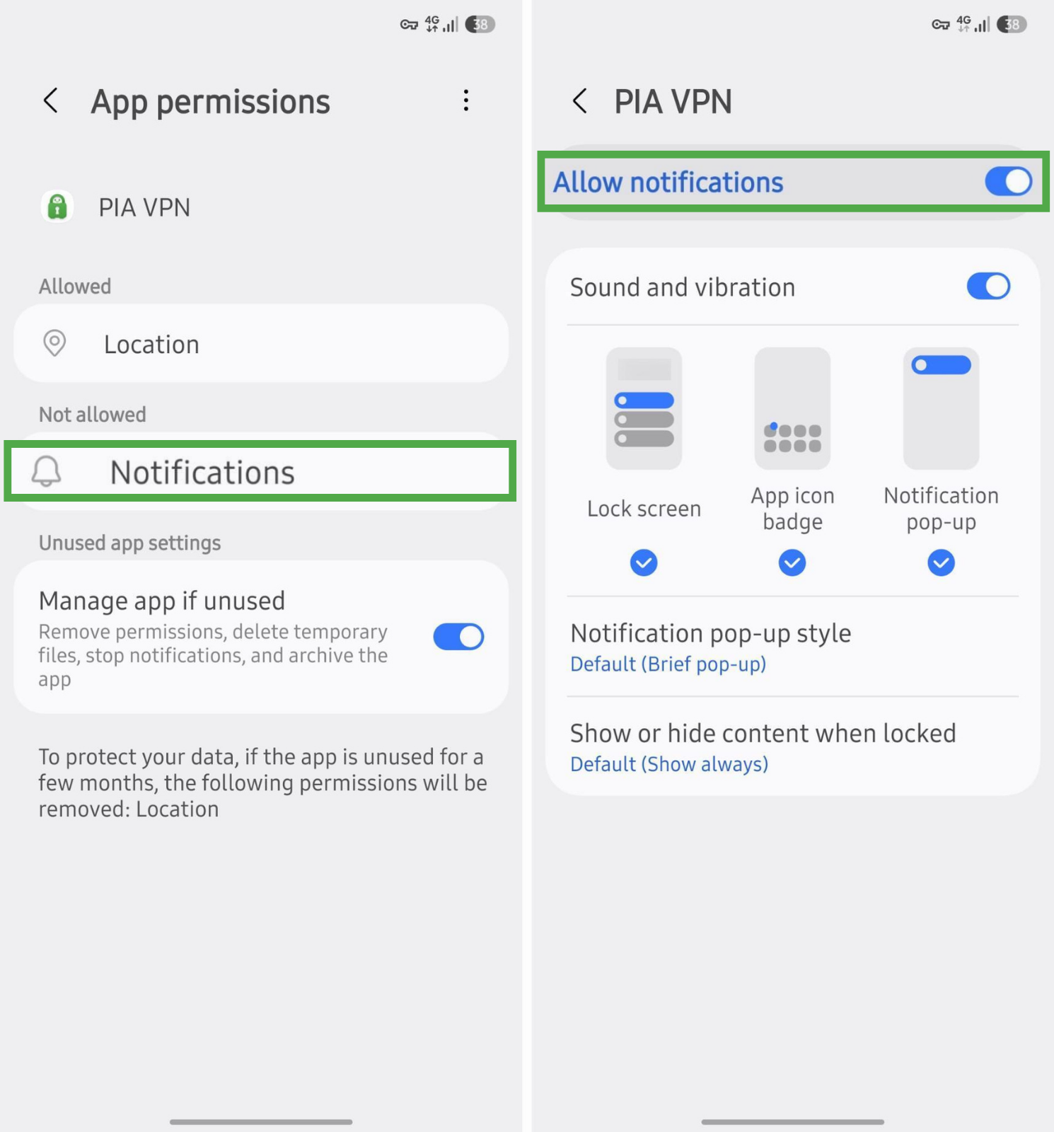 PIA VPN notification permissions menu on Android.