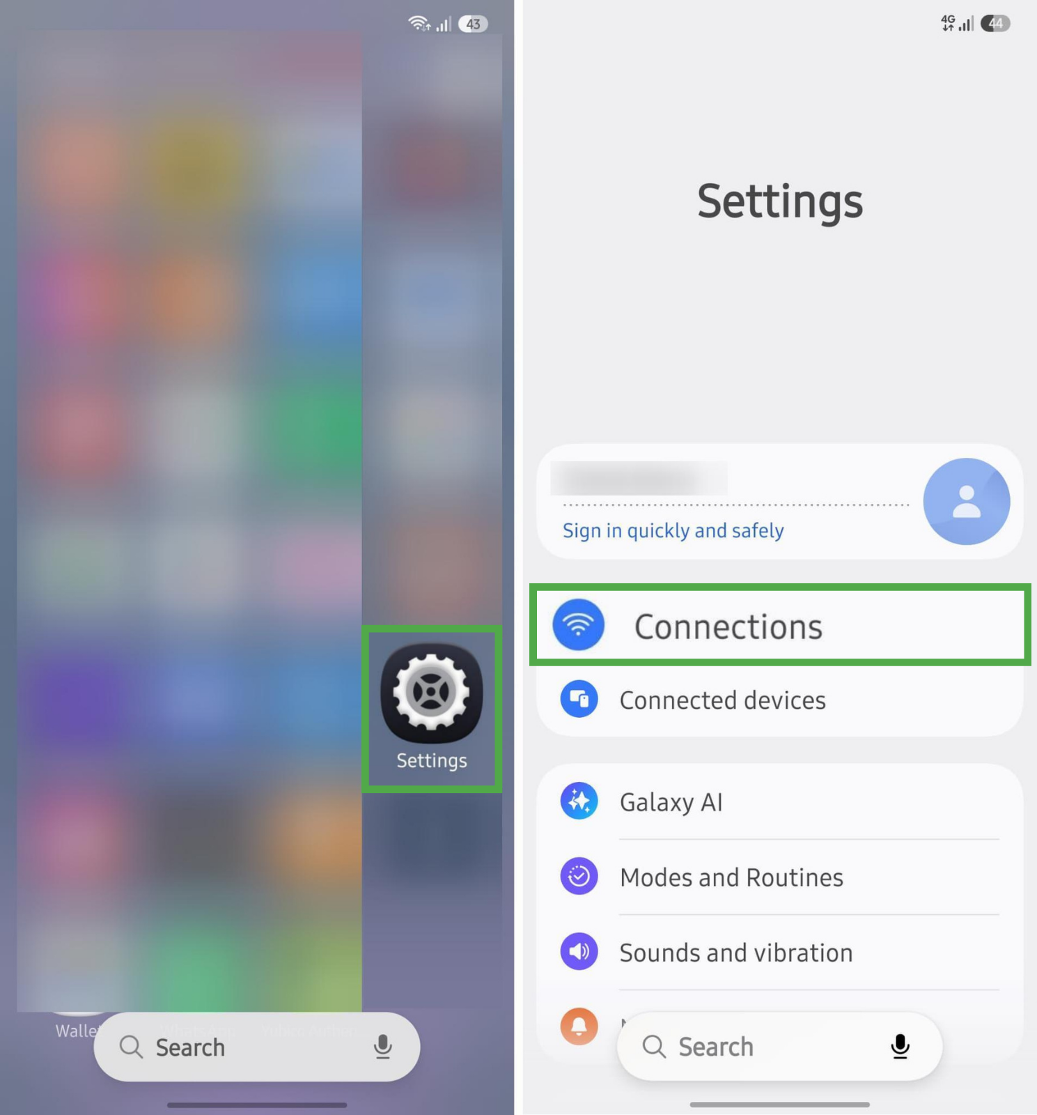 Android Settings showing the Connections menu.