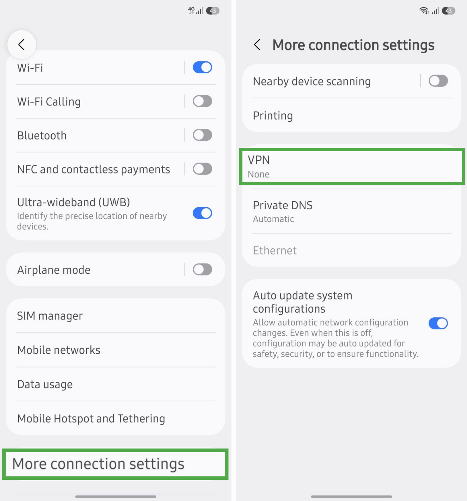 Advanced Android connections settings with VPN options highlighted.