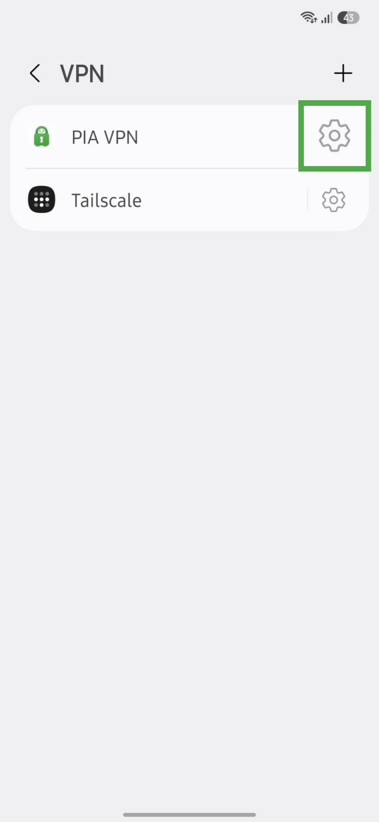 A menu of Android VPN apps with settings icons.