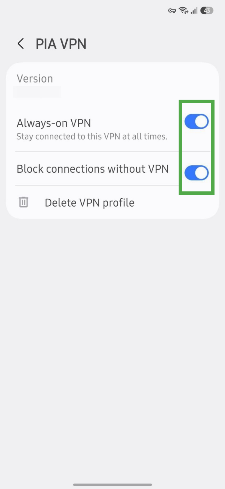 PIA VPN kill switch settings on Android showing Always-on VPN and Block connections without VPN.