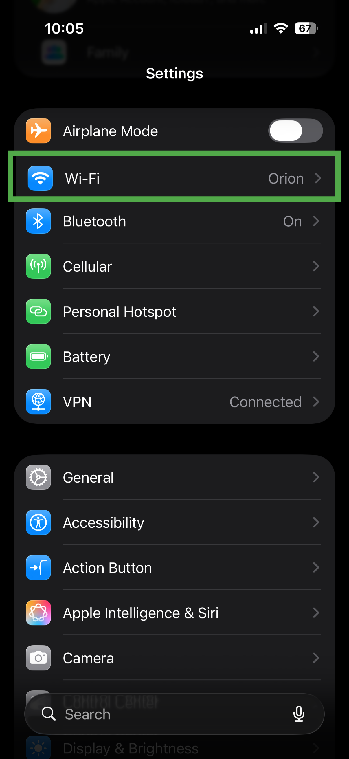 iPhone Settings showing the connected Wi-Fi network.
