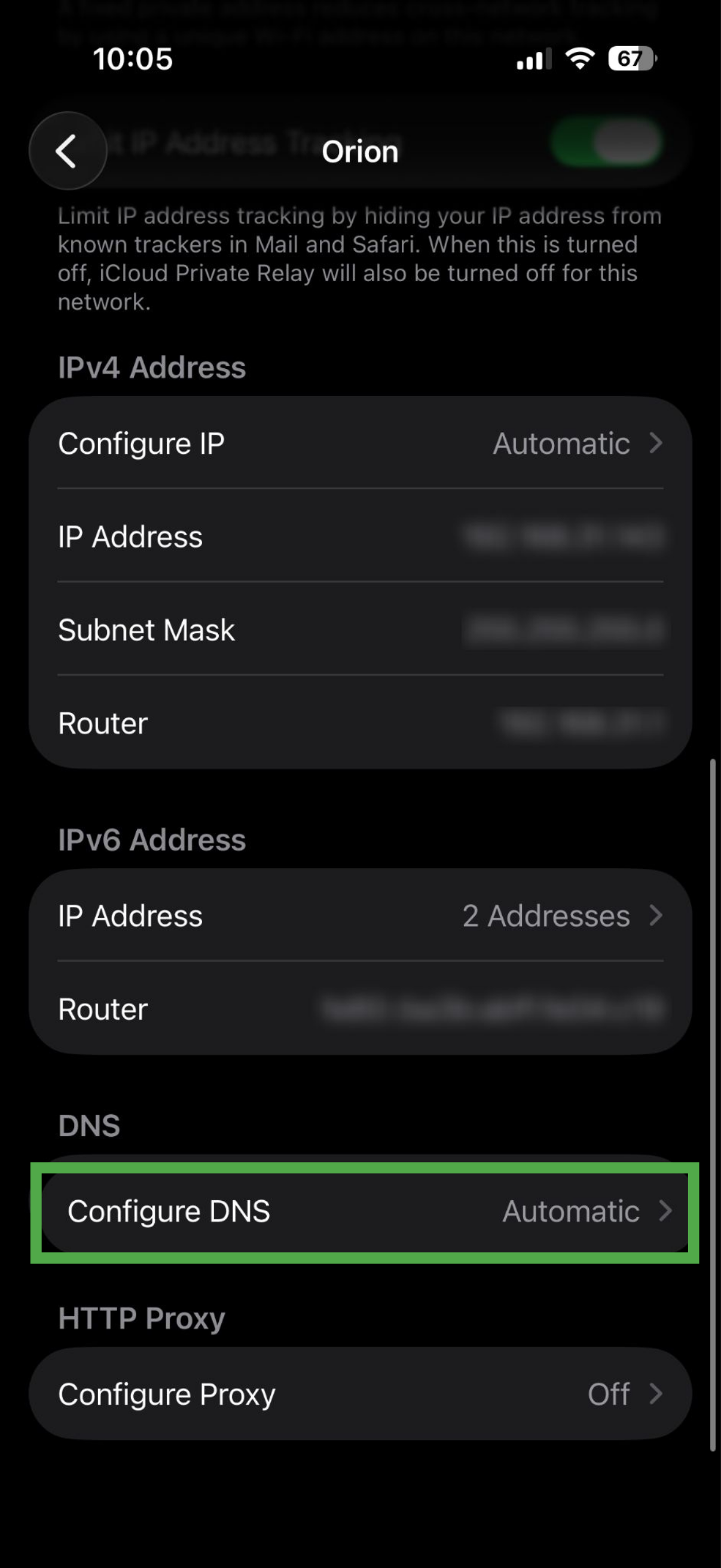 Wi-Fi network details with the Configure DNS option highlighted