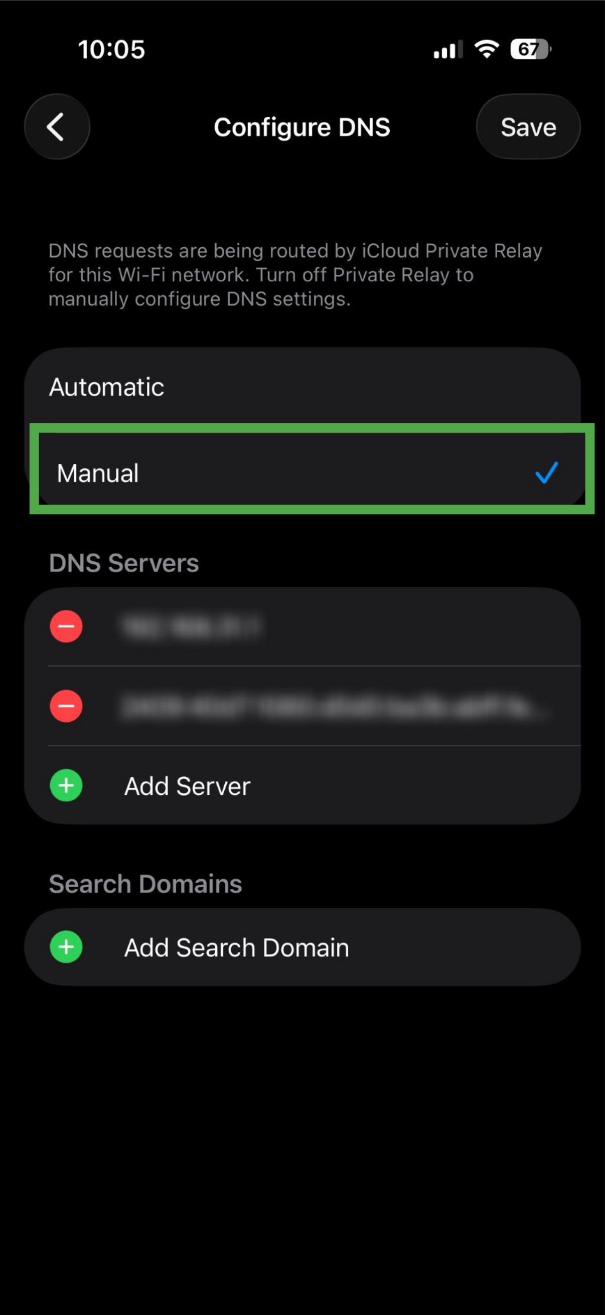  iPhone Configure DNS screen showing Manual DNS selected.